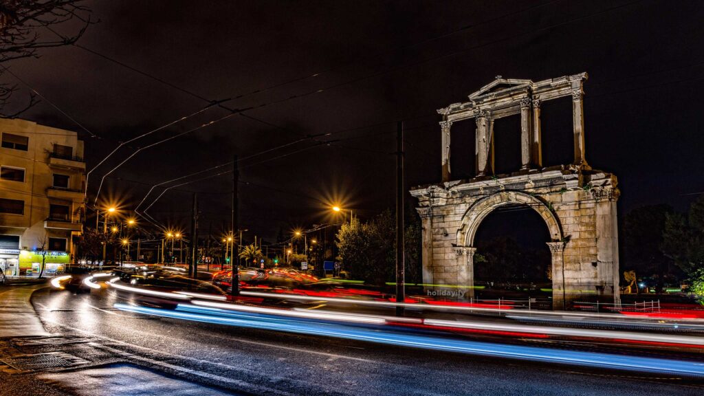 Light trails of moving cars under Hadrian gate