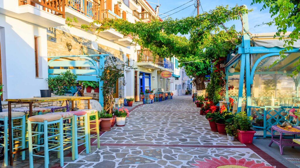 colorful street restaurants kokkari samos island