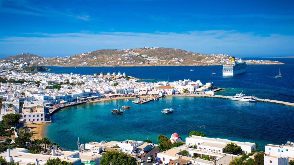 mykonos island port with boats cyclades islands greece
