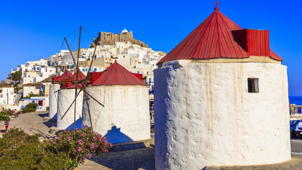 traditional greece astypalea island view chora village with windmills